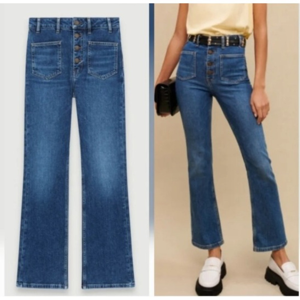 Maje Patch Pocket Jeans High Waist Kick Flare Crops Button Fly Size 36 US S / 4